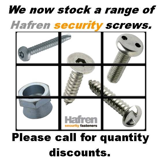 Hafren fasteners supply an extensive range of security fasteners. We can provide self drilling screws, self tapping screws, shear bolts and shear nuts, armour rings, tufnuts, sleeve anchors and shield anchors. Various security options are available including 2 hole "pig nose" pin hex, 6 lobe pin, clutch, sentinel, oval pan head, torxplus, solok, Nogo and Kinmar. 